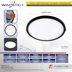 PANEL REDONDO AJUSTABLE NEGRO LED 8000K 20W 85-265V 20W(
