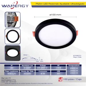PANEL REDONDO AJUSTABLE NEGRO LED TRES TEMPERATURAS 6W 85-265V 6W(