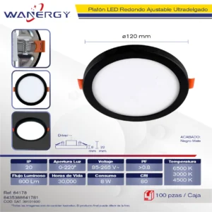 PANEL REDONDO AJUSTABLE NEGRO LED TRES TEMPERATURAS 8W 85-265V 8W(
