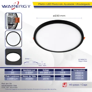 PANEL REDONDO AJUSTABLE NEGRO LED TRES TEMPERATURAS 20W 85-265V 20W(