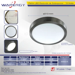 SOBREPONER REDONDO GALVANIZADO LED 6500K 18W 85-265V 18W 28MM