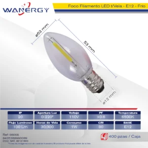BOMBILLA LED TRANSPARENTE TIPO VELA E12