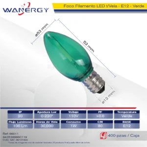 BOMBILLA LED TRANSPARENTE TIPO VELA E12
