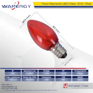 BOMBILLA LED TRANSPARENTE TIPO VELA E12