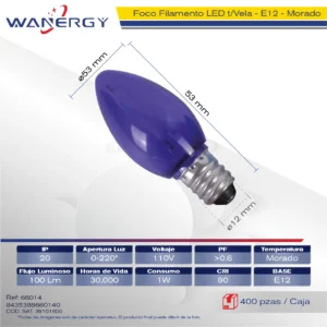 BOMBILLA LED TRANSPARENTE TIPO VELA E12