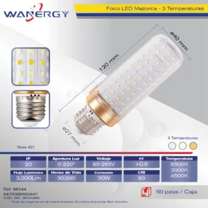 FOCO LED MAZORCA 30W 3 TEMPERATURAS E27