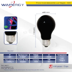 FOCO LUZ NEGRA INCENDESCENTES A60 75W