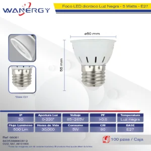 FOCO LUZ NEGRA DICROICO E27 5W 1W-36V 6