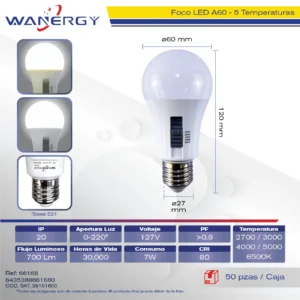 FOCO AHORRADOR LED 5 TEMPERATURAS C/SENSOR RADAR Y INTERRUPTOR DE MARCACION A60-7W