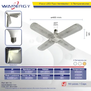 FOCO LED TIPO VENTILADOR 4ASPAS MICA TRANSPARENTE