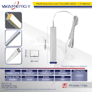 PERFIL C/LED ALUMINIO 15W 1.5M DC12V 3000K 1.5M/ 2835 120D 2