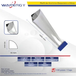 1616 PERFIL ALUMINIO ANGULO PARA MANGUERA LED SOBREPONER 1.5M +MICA PC 1616 +PC 0.4MM 1.5M