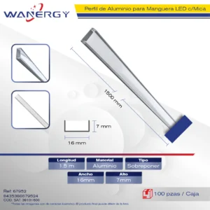 17*7 PERFIL ALUMINIO PARA MANGUERA LED SOBREPONER 1.5M +MICA PC +PC ( 0.5MM) 1.5M
