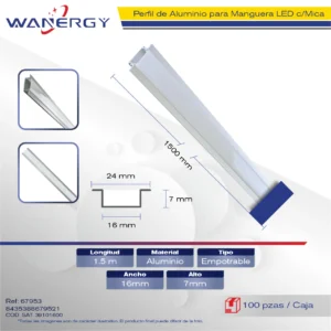 17*7 PERFIL ALUMINIO PARA MANGUERA LED EMPOTRABLE 1.5M +MICA PC +PC ( 0.5MM) 1.5M