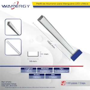 1712 PERFIL ALUMINIO PARA MANGUERA LED SOBREPONER 1.5M +MICA PC +PC ( 0.5MM) 1.5M