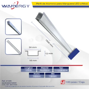 1712 PERFIL ALUMINIO PARA MANGUERA LED EMPOTRABLE 1.5M +MICA PC +PC ( 0.5MM) 1.5M