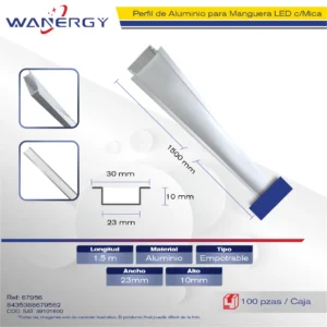 3010 PERFIL ALUMINIO PARA MANGUERA LED EMPOTRABLE 1.5M +MICA PC +PC ( 0.5MM) 1.5M