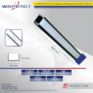 1712 PERFIL ALUMINIO NEGRO PARA MANGUERA LED SOBREPONER 1.5M +MICA PC 1712 +PC ( 0.5MM) 1.5M