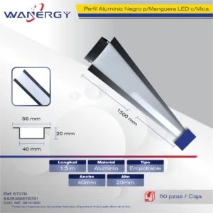 4020PERFIL ALUMINIO NEGRO PARA MANGUERA LED EMPOTRABLE 1.5M +MICA PC 4020 +PC 1.5 /