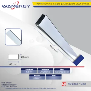 4020 PERFIL ALUMINIO NEGRO PARA MANGUERA LED SOBREPONER 1.5M +MICA PC 4020 +PC 1.5 /