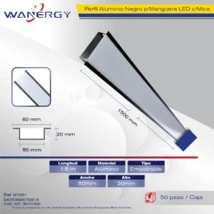5020 PERFIL ALUMINIO NEGRO PARA MANGUERA LED EMPOTRABLE 1.5M +MICA PC 5020 +PC 1.5 /