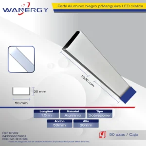 5020 PERFIL ALUMINIO NEGRO PARA MANGUERA LED SOBREPONER 1.5M +MICA PC 5020 +PC 1.5 /