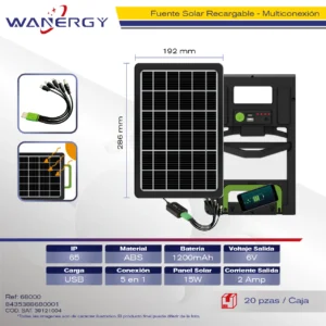 FUENTE SOLAR RECARGABLE C/LUZ C/TRANSFORMADOR C/REGULADOR DE VOLTAJE C/CABLE DE MULTICONEXION IP65