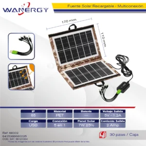FUENTE SOLAR RECARGABLE PLEGABLE C/TRANSFORMADOR C/REGULADOR DE VOLTAJE C/CABLE DE MULTICONEXION