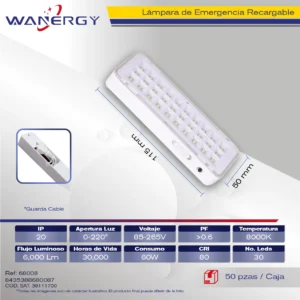 LAMPARA DE EMERGENCIA RECARGABLE LED 30D BATERIA 3.7V,400mAH, TIEMPO ILUMINA 4-5 HORAS