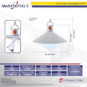 FOCO LED UFO RECARGABLE DE EMERGENCIA BATERIA 1200MAH*2