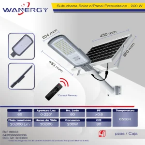 LAMPARA LED SUBURBANO C/PANEL SOLAR Y FOTOCELDA 200W