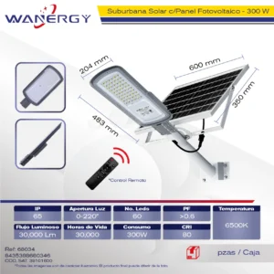 LAMPARA LED SUBURBANO C/PANEL SOLAR Y FOTOCELDA 300W