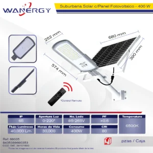 LAMPARA LED SUBURBANO C/PANEL SOLAR Y FOTOCELDA 400W
