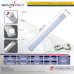 REGLETA LED EMERGENCIA RECARGABLE C/LINTERNA E IMAN