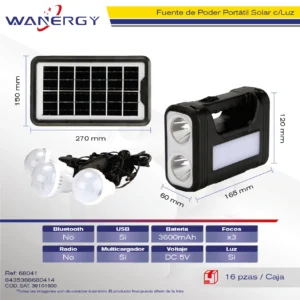 FUENTE DE ALIMENTACION PORTATIL C/PANEL SOLAR C/LUZ BATERIA C/3 FOCOS C/MULTICARGADOR