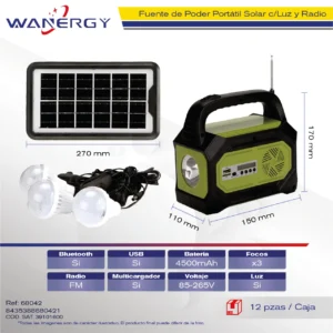 FUENTE DE ALIMENTACION PORTATIL C/PANEL SOLAR C/LUZ BATERIA C/3 FOCOS C/MULTICARGADOR C/RADIO FM C/BLOOTBLUETOOTH 9V 3.5W /6V 4500MAH /ABS / 3 / / USB / / FM/
