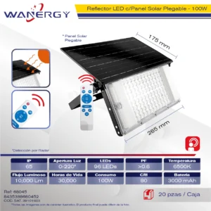 REFLECTOR LED CON PANEL SOLAR PLEGABLE C/CONTROL REMOTO Y DETECCION POR RADAR