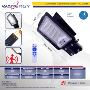 LAMPARA LED SUBURBANO C/PANEL SOLAR 50W 60D 180-200Lm/W