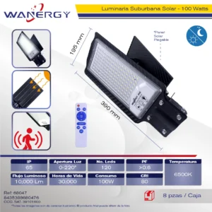 LAMPARA LED SUBURBANO C/PANEL SOLAR 100W 120D 180-200Lm/W