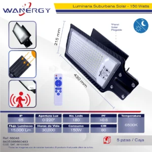 LAMPARA LED SUBURBANO C/PANEL SOLAR 150W 180D 180-200Lm/W