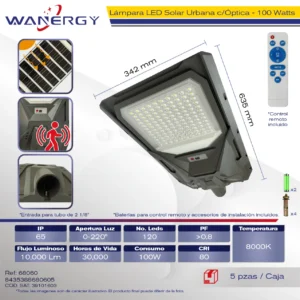 LAMPARA LED SOLAR SUBURBANA C/SENSOR DE MOVIMIENTO C/FOTOCELDA C/TEMPORIZADOR 100W 120 LEDS C/ OPTICA
