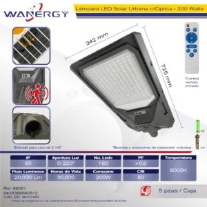 LAMPARA LED SOLAR SUBURBANA C/SENSOR DE MOVIMIENTO C/FOTOCELDA C/TEMPORIZADOR 200W 180 LEDS C/ OPTICA