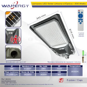 LAMPARA LED SOLAR SUBURBANA C/SENSOR DE MOVIMIENTO C/FOTOCELDA C/TEMPORIZADOR 300W 240 LEDS C/ OPTICA