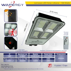 LAMPARA LED SOLAR SUBURBANA C/SENSOR DE MOVIMIENTO C/FOTOCELDA C/TEMPORIZADOR 200W 256LEDS C/ OPTICA 6AH 6V 10W 256 + + /