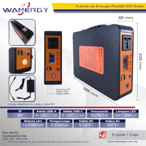 FUENTE DE ALIMENTACION PORTATIL 200W C/LUZ LED ,BATERIA LITIO 12.8V 12AH 12AH 100-240V AC127V-200W DC12V-1.5A USB 5V/3A 8W