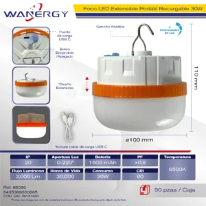 FOCO LED EMERGENCIA UFO RECARGABLE RETRACTIL COLGABLE