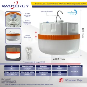 FOCO LED EMERGENCIA UFO RECARGABLE RETRACTIL COLGABLE
