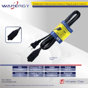 Extension Electrica Interior 3 contactos 3M NEGRO AC85-265V 1875W
