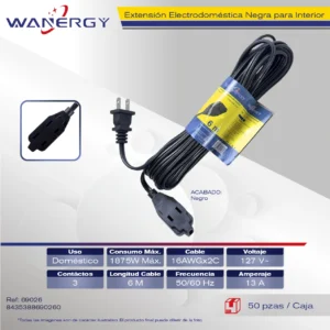 Extension Electrica Interior 3 contactos 6M NEGRO AC85-265V 1875W