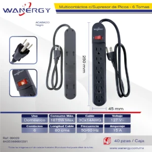 Regleta Multicontacto 6 tomas de corriente PP material Con interruptor ON/OFF Cable calibre 3x7.8mm